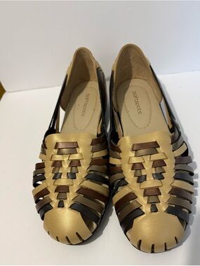 Softspots Metallic Gold Woven Huarache Flats with Brown & Black Straps